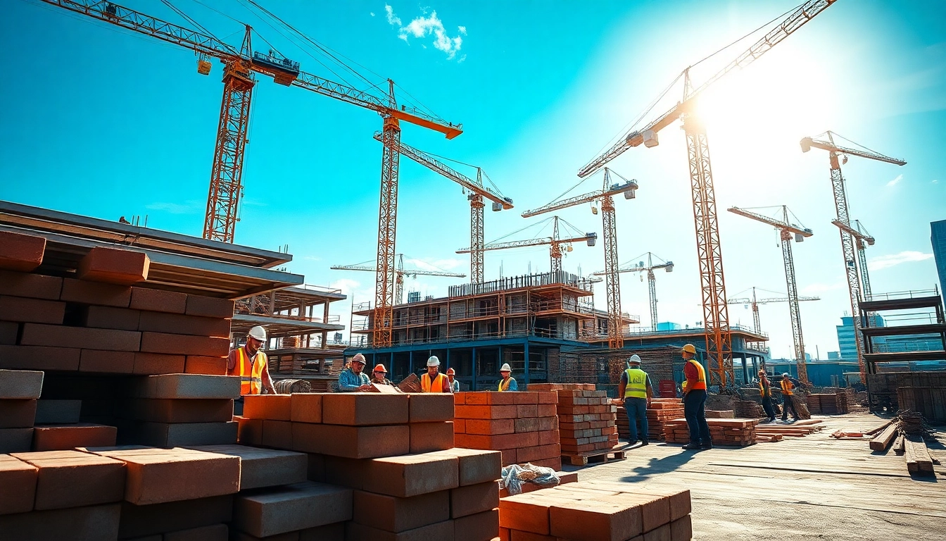 Illustration of south Texas construction industry news with workers on site and construction equipment.
