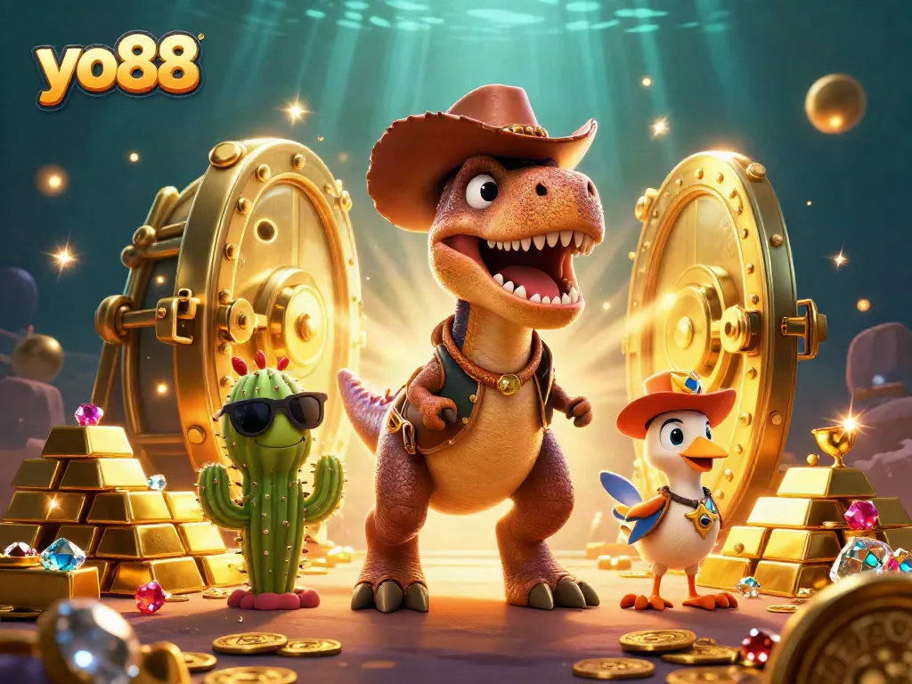 Win big with yo88 in a vibrant casino scene featuring a T-Rex, treasures, and dynamic game elements.