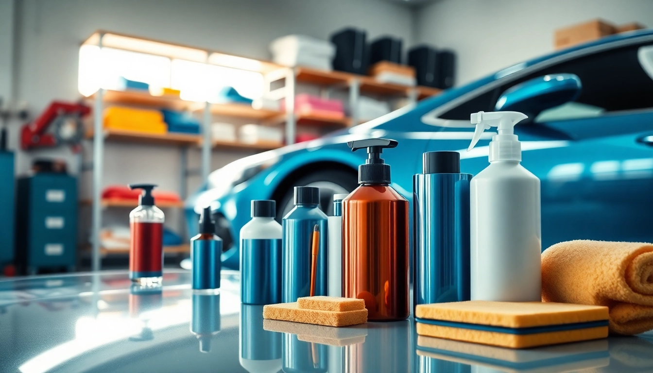 Showcase premium car detailing products in Canada with polished car and organized tools.