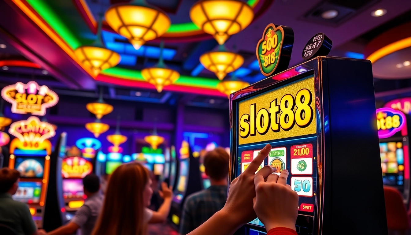 Pemain merayakan kemenangan di mesin slot88 yang berkilauan di kasino.