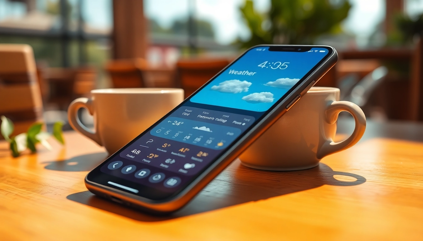 Showcasing the best weather app for iPhone on a smartphone amidst a cozy café atmosphere.