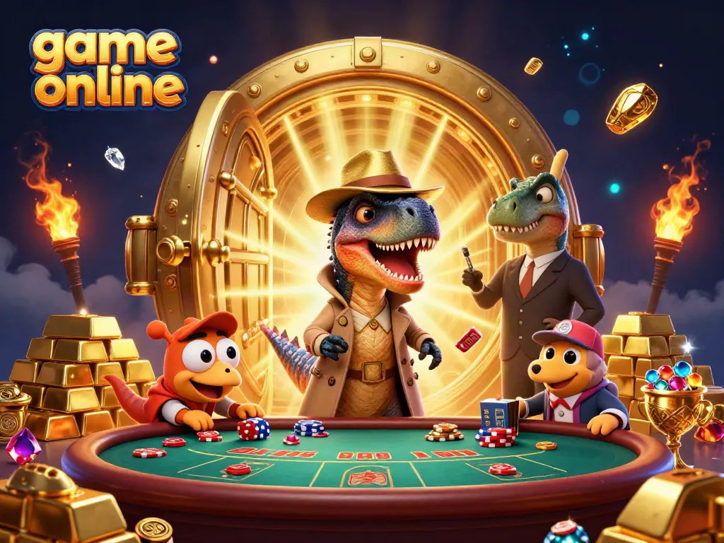 Game online scene with a velociraptor card counter at a blackjack table surrounded by gold and gems.