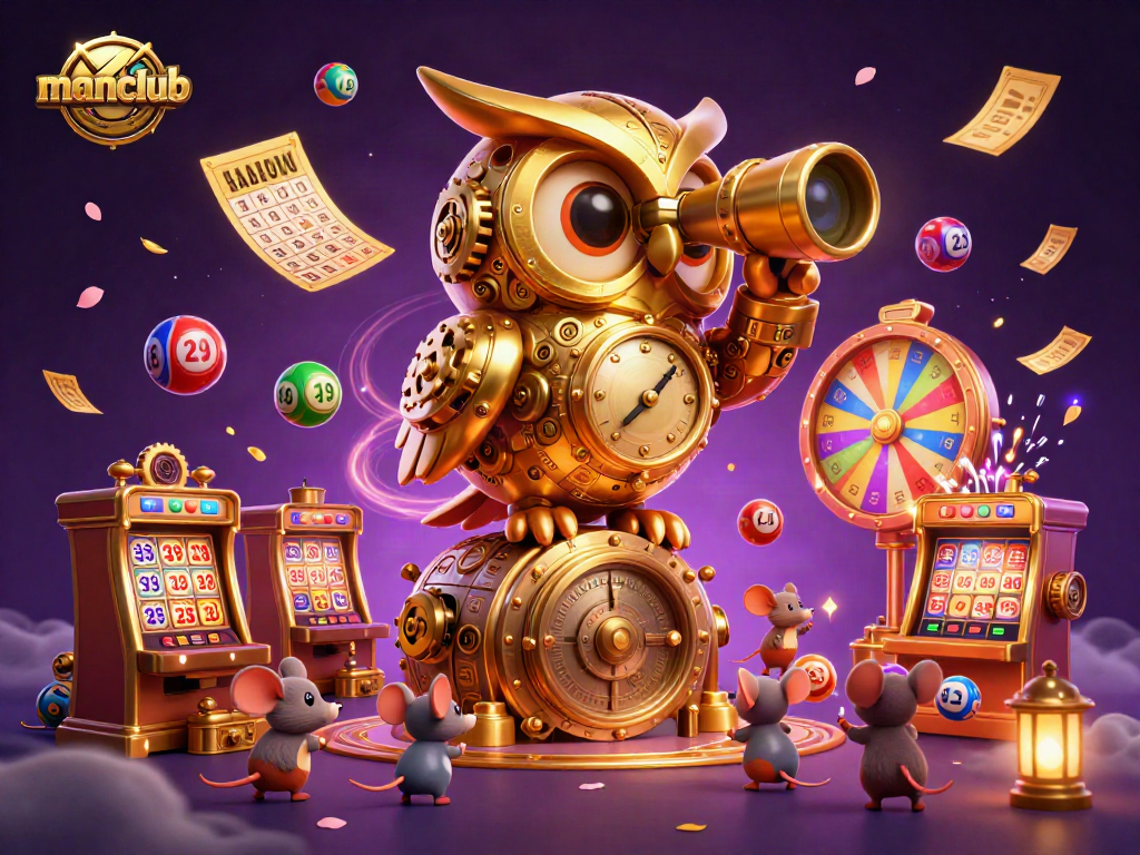 Win big at manclub with spinning slots, colorful lottery balls, and an enchanting owl.
