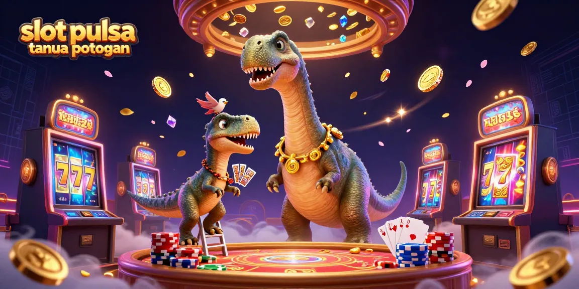 Slot pulsa tanpa potongan menampilkan ilustrasi 3D karakter casino yang dinamis dengan brontosaurus dan raptor