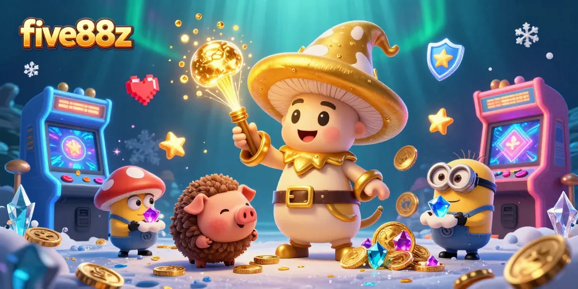 Experience the magic of five88z as a golden mushroom wizard channels treasure among vibrant gaming elements.