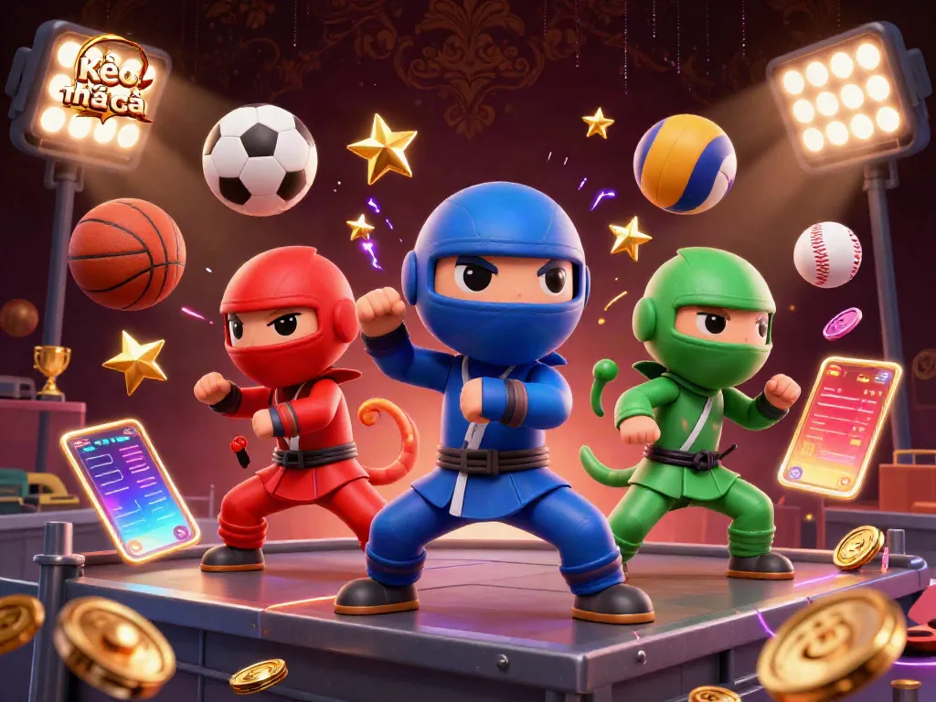 Engaging scene of Kèo nhà cái illustrated with cartoon chameleons performing martial arts amid dynamic sports elements.