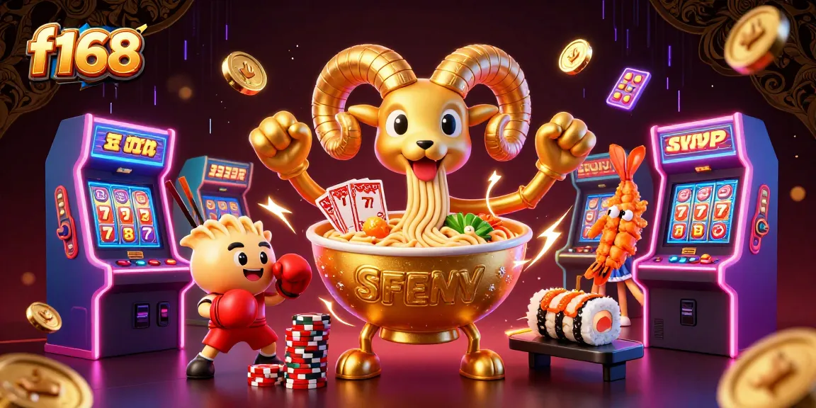 Experience f168's dynamic gaming scene with a golden ramen bowl dealer and sushi roll entertainer.