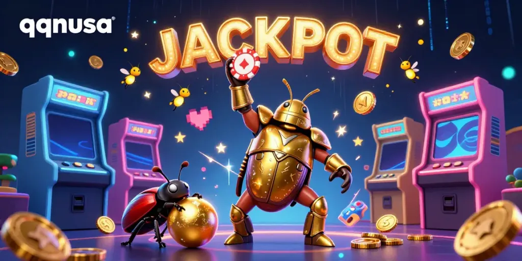 Celebrate gaming victories with qqnusa's vibrant artwork featuring a hercules beetle lifting a poker chip.