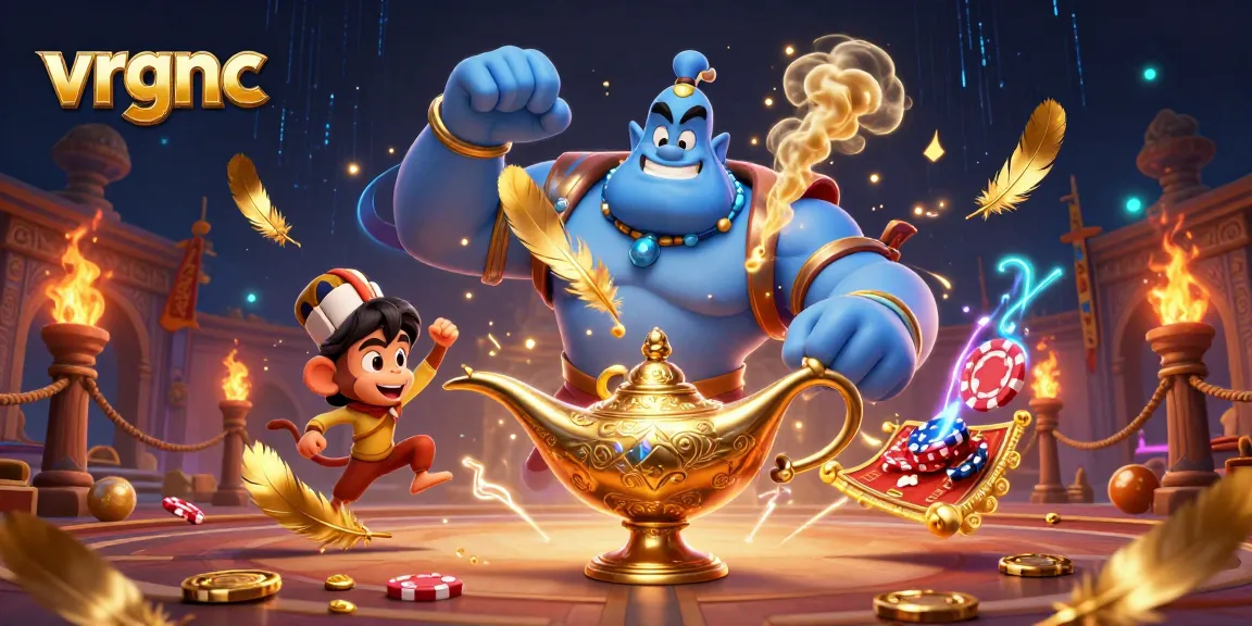 Experience the excitement of vrgnc with a lively 3D illustration of a genie, monkey, and poker chips in a vibrant casino scene.