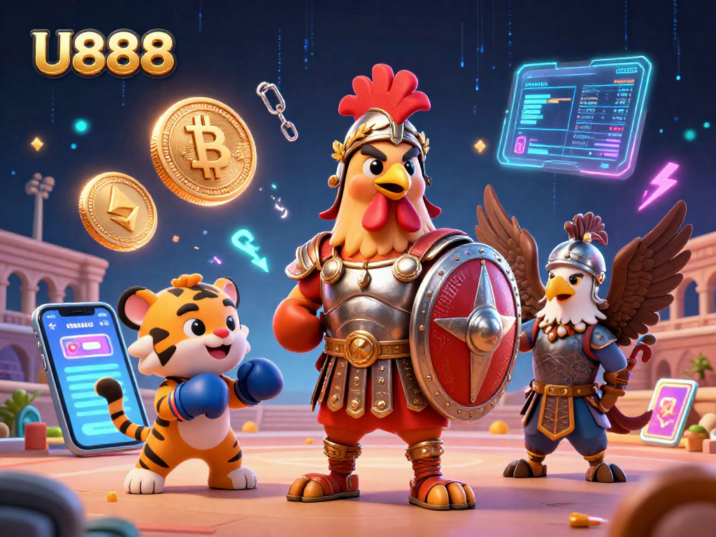 U888 showcases a vibrant 3D illustration of a gladiator rooster, illustrating crypto gambling dynamics.
