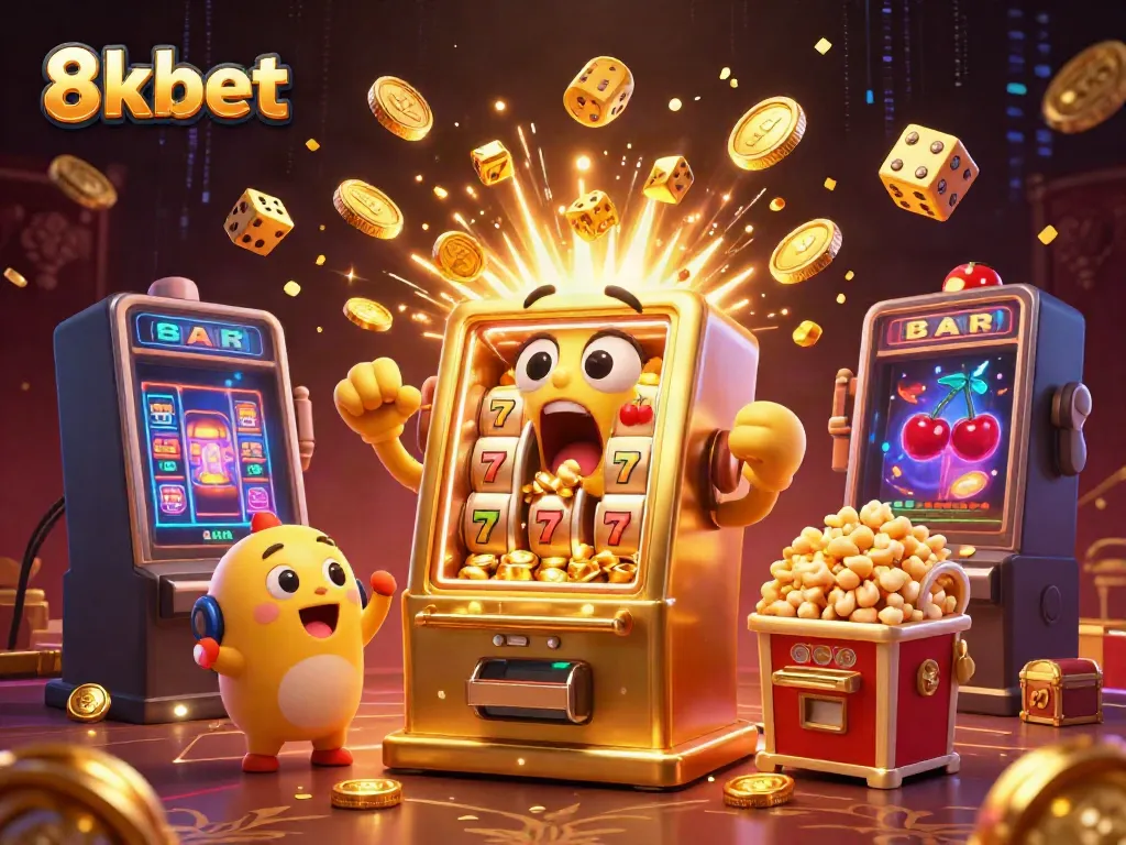 8xbet slot machine celebrating jackpot with coins, vibrant casino elements surrounding it.