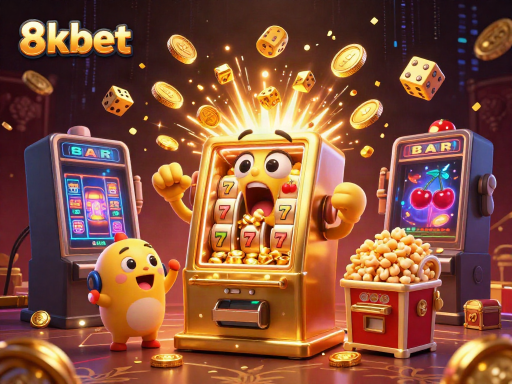 8xbet slot machine celebrating jackpot with coins, vibrant casino elements surrounding it.