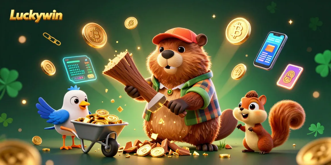 Experience the excitement of Luckywin with golden coins raining down in a dynamic casino scene.