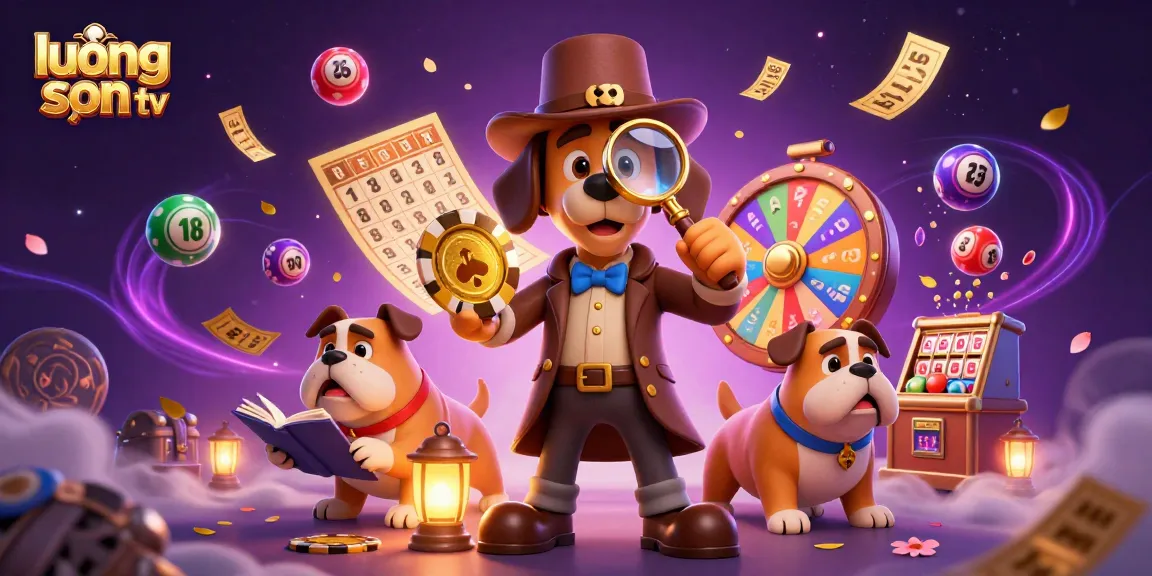 Lương Sơn TV presents a 3D illustration of a detective dog examining a poker chip while enjoying lottery elements in the scene.
