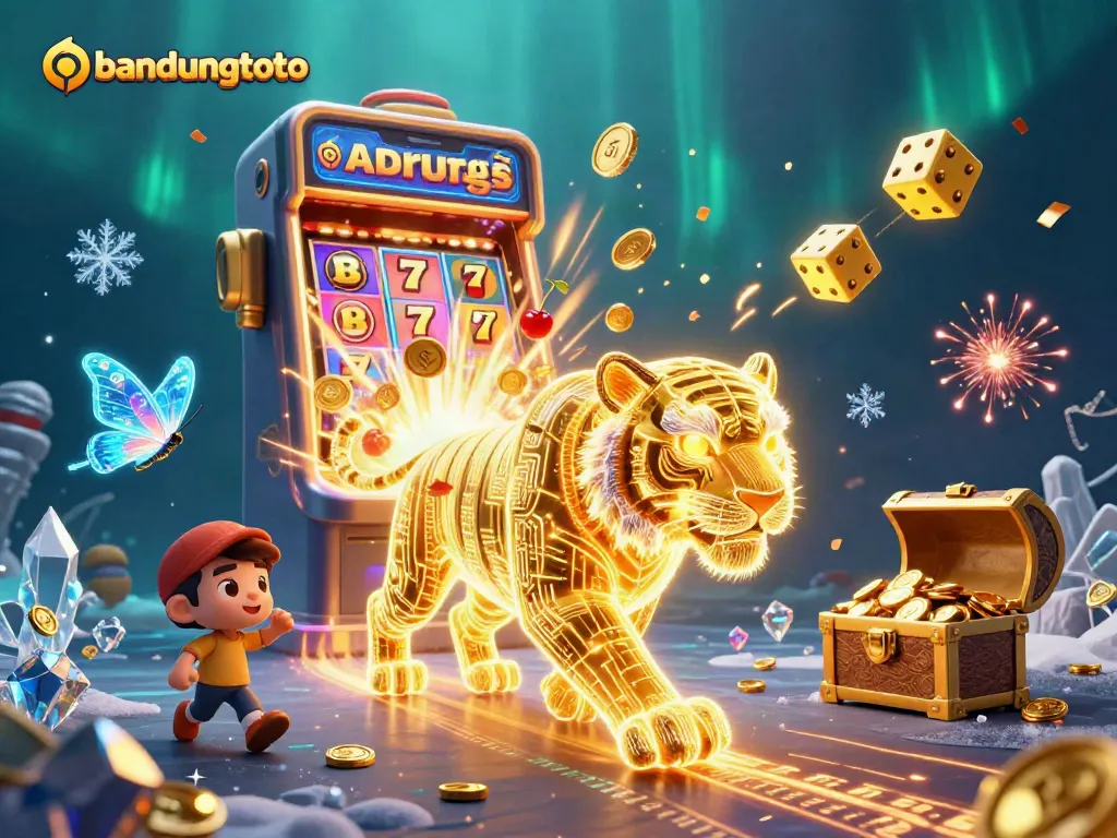 Engage with bandungtoto's vibrant and dynamic digital casino landscape, featuring a golden tiger and jackpot elements.