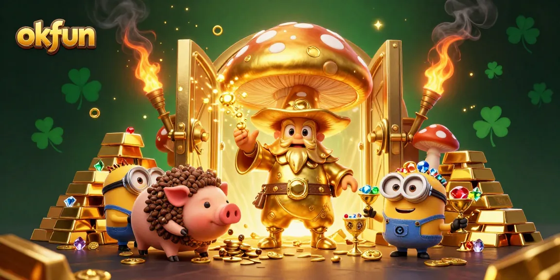 Play and win with okfun in this vibrant 3D casino illustration featuring magical elements and treasures.