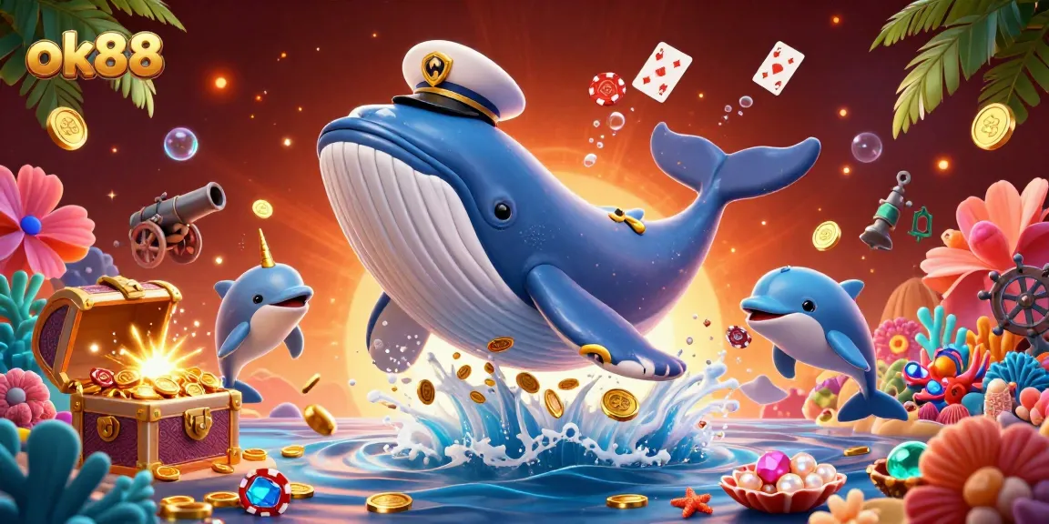 Engage in thrilling gameplay with ok88, featuring a vibrant underwater scene of a whale, narwhal, and dolphins showcasing poker chips.