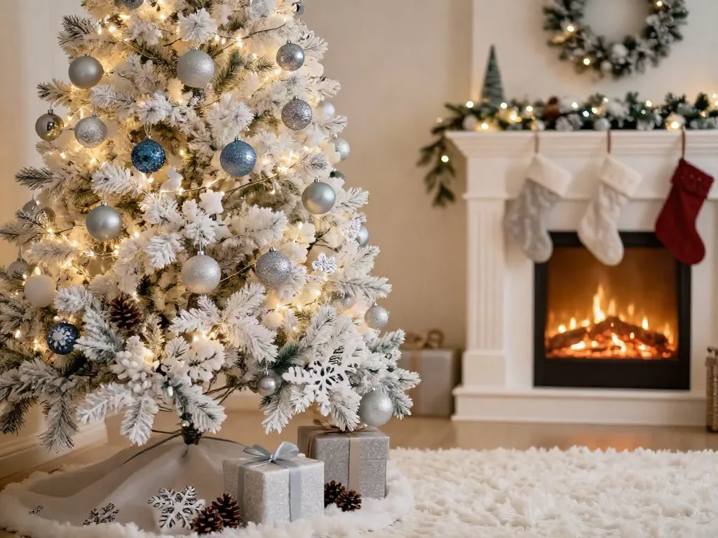 Stunning white Christmas tree decorated with silver ornaments and fairy lights in a cozy living room.