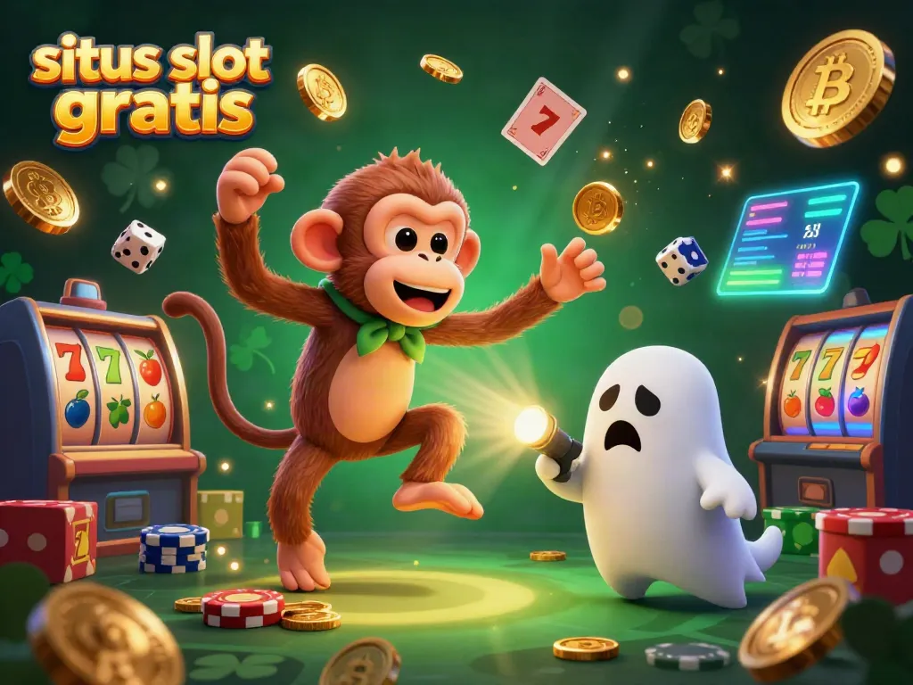 Experience situs slot gratis with a playful monkey and puppy in a lively casino scene.