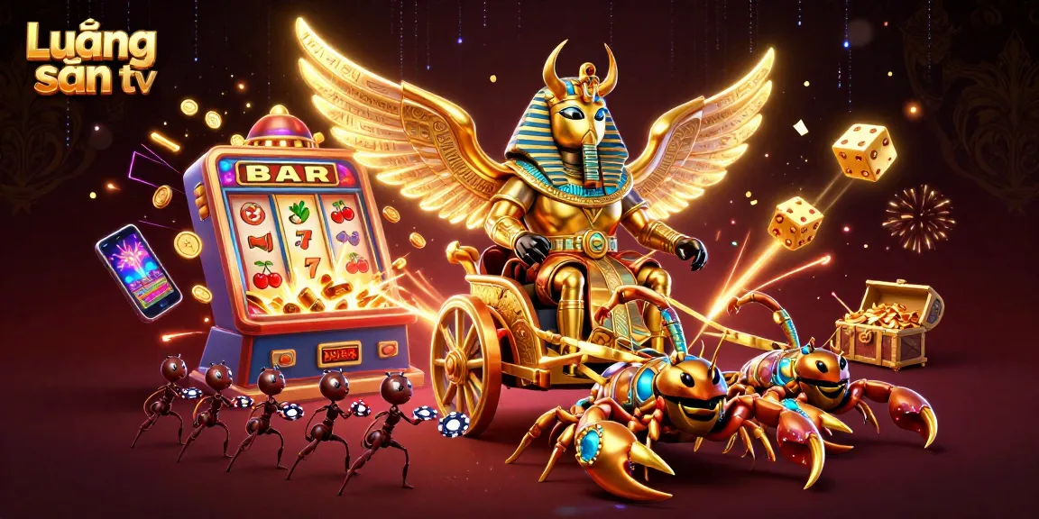 Lương sơn tv showcases an exciting casino scene with a golden beetle and scorpions amid dynamic gambling elements.