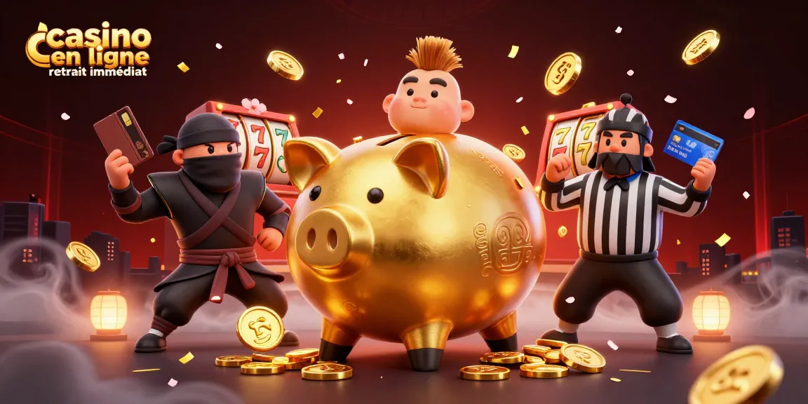 Aperçu du casino en ligne retrait immédiat avec un sumo en tirelire doré et des personnages animés de jeux de hasard, riches en éléments graphiques.