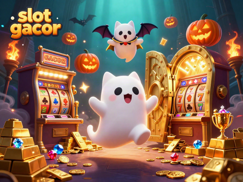 Permainan slot gacor yang berkilauan di kasino hantu, menampilkan karakter unik dan elemen menarik.