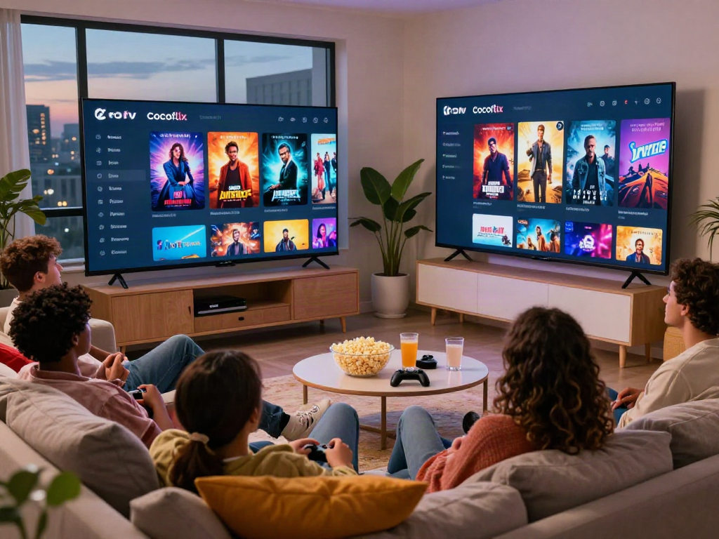 Cocoflix app displayed on screen during a fun movie night with friends, cozy living room setting, vibrant ambiance.