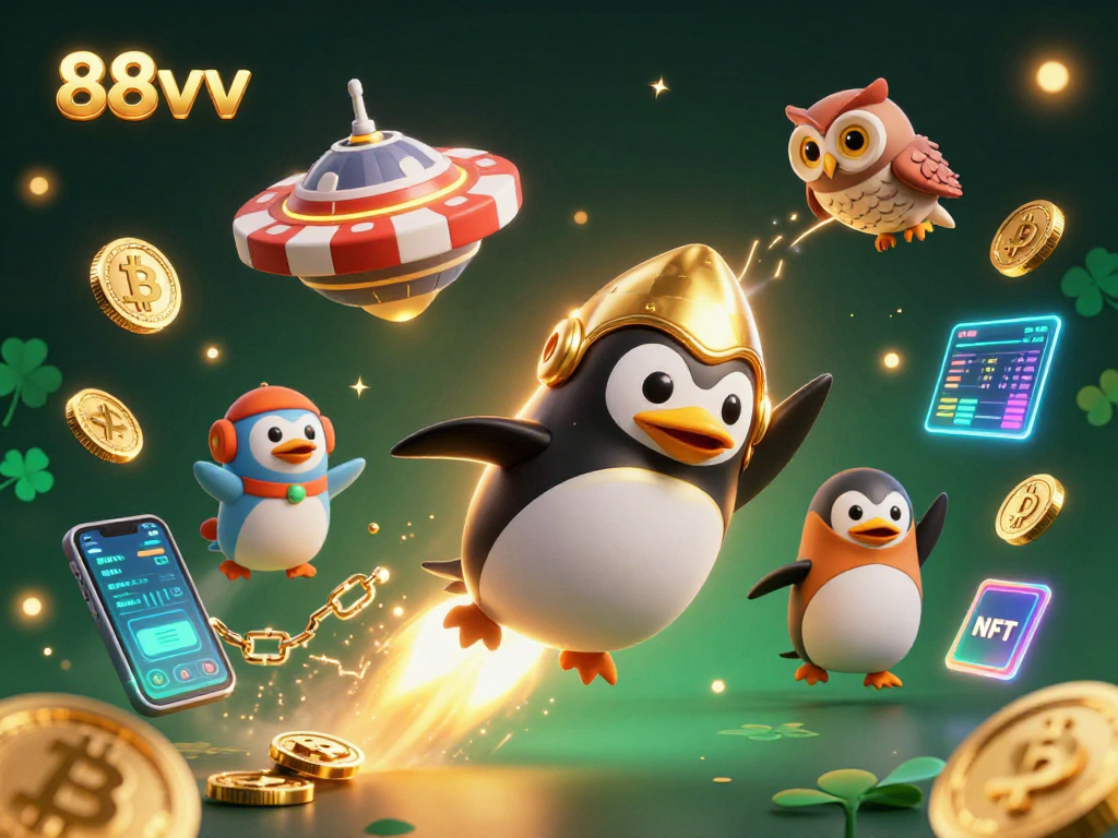 Play with 88vv in a vibrant space scene featuring a rocket-propelled penguin and glowing cryptocurrencies.