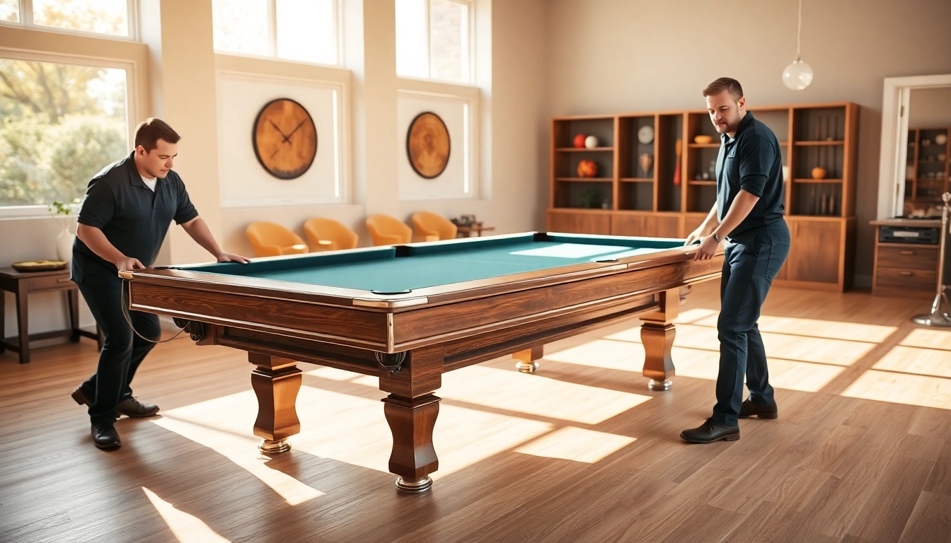Expert movers handling dfw billiards table in a professional setting.