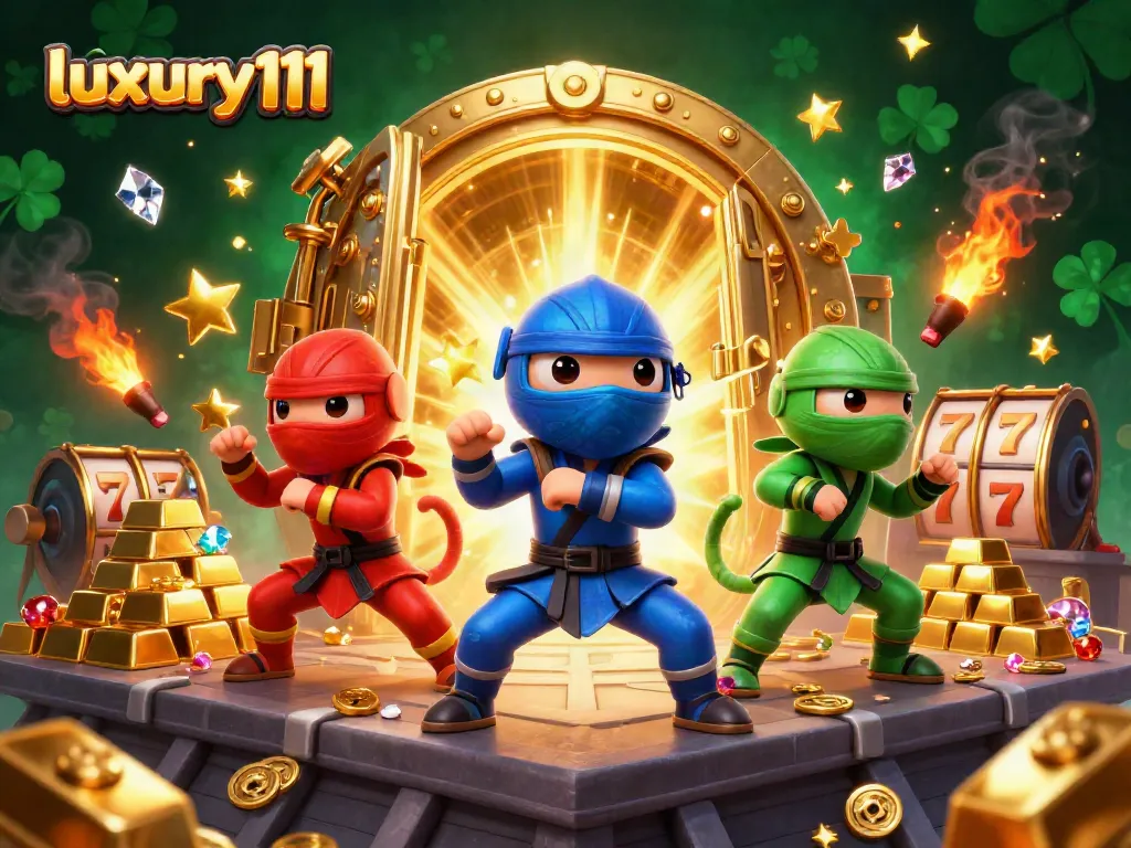Experience thrilling gameplay with luxury111 as 3D cartoon ninja chameleons engage in martial arts amidst dazzling casino riches.