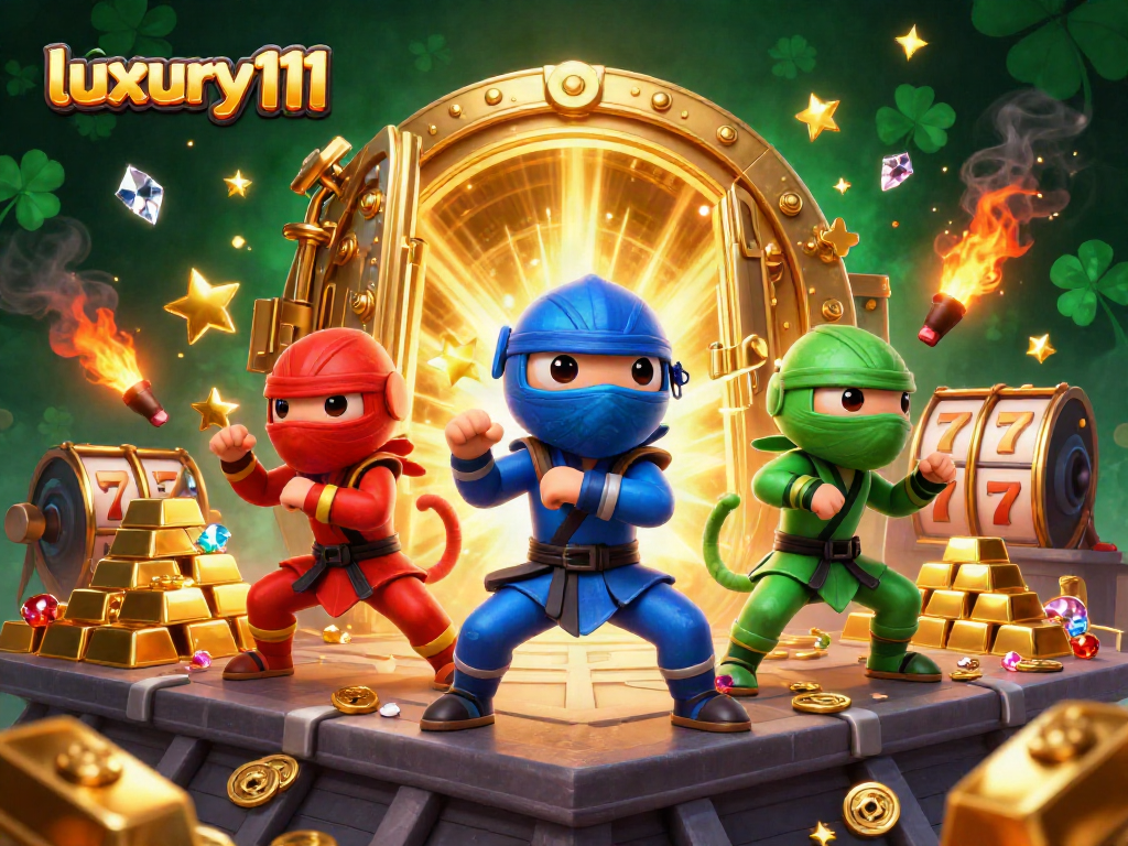 Experience thrilling gameplay with luxury111 as 3D cartoon ninja chameleons engage in martial arts amidst dazzling casino riches.