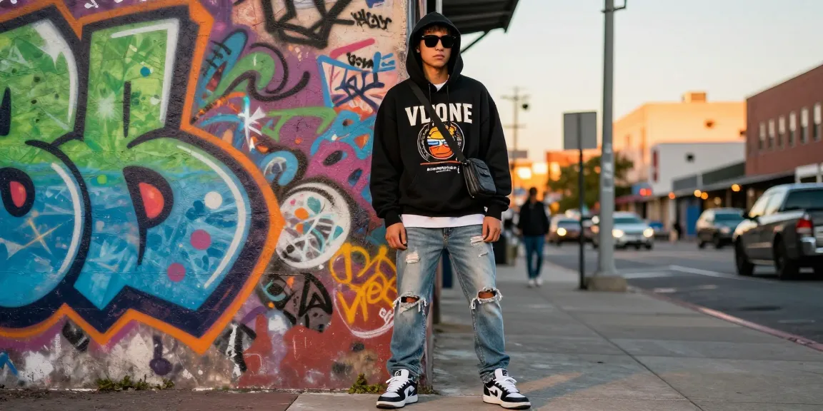 Fashionable individual in a Vlone hoodie representing vlonehodie.com, set against a vibrant urban backdrop