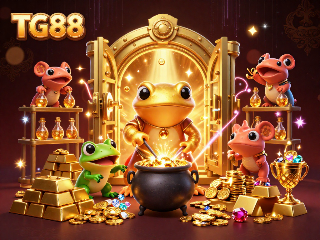 Win big at TG88 with vibrant 3D gaming illustration showcasing enchanting characters and gold treasures.