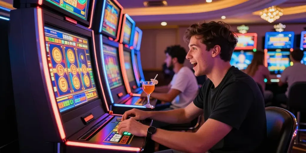 Player enjoying a thrilling experience at a slot gacor machine in a vibrant casino atmosphere.