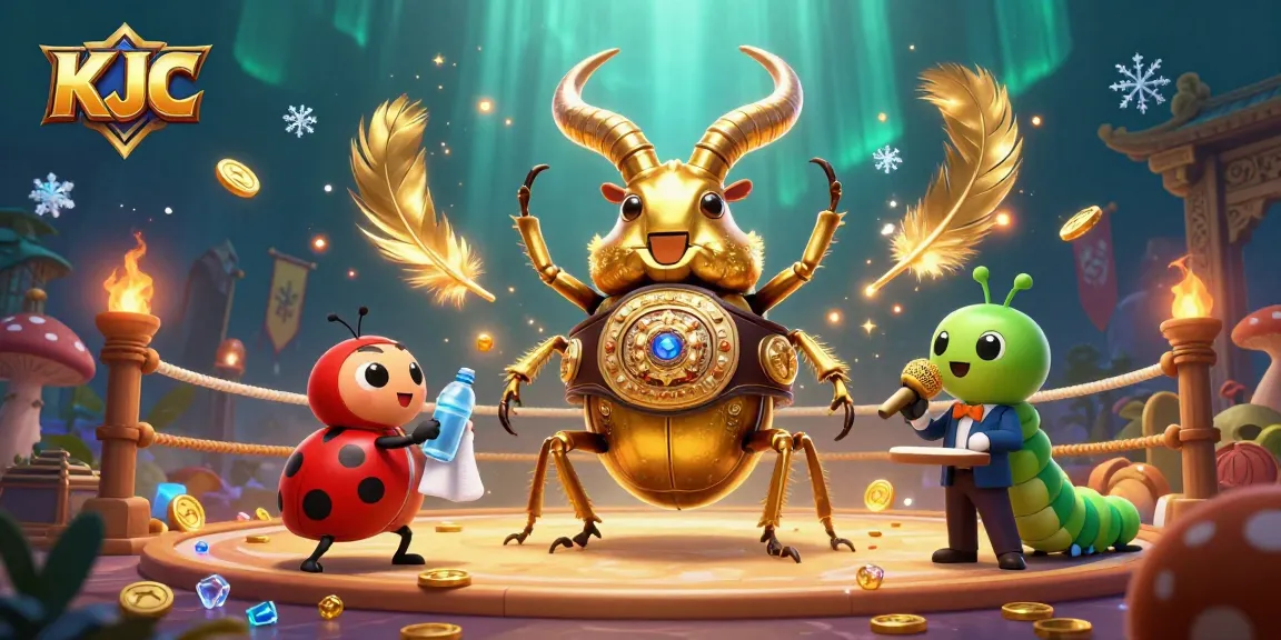 KJC showcases a lively 3D scene of a golden stag beetle boxing against a ladybug corner-man and caterpillar announcer.