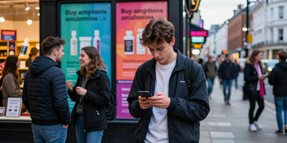 Buy amphetamine online uk in lively urban street scene with friends.