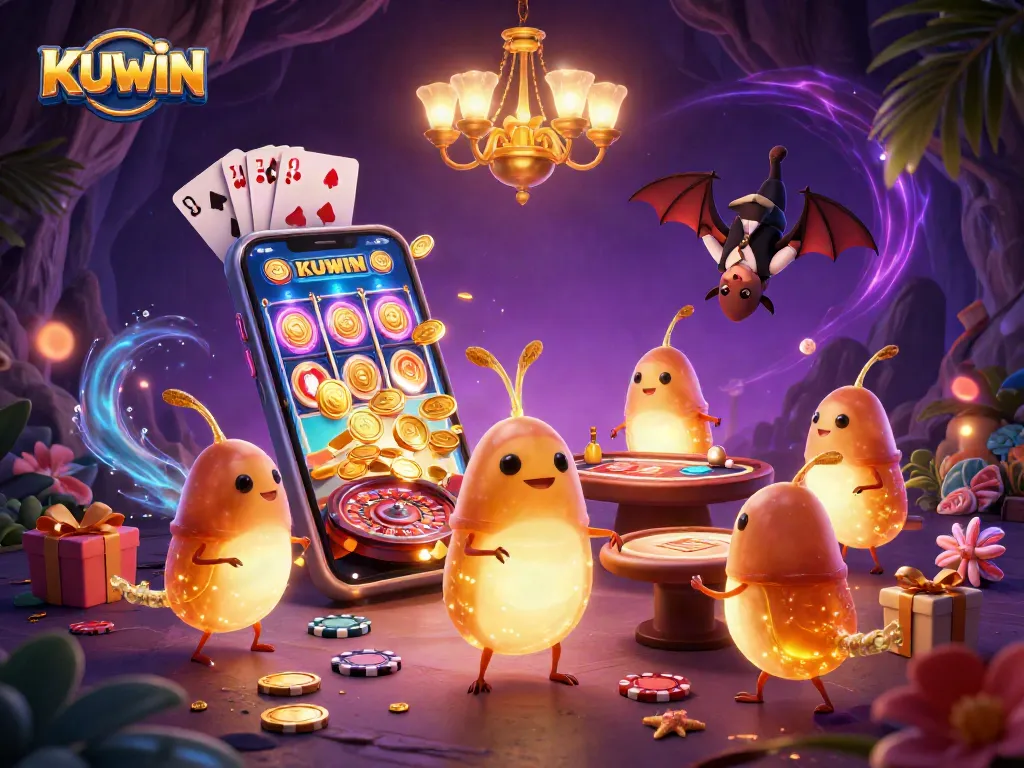 Engage with exciting KUWIN casino games in a vibrant glowworm-decorated casino scene.