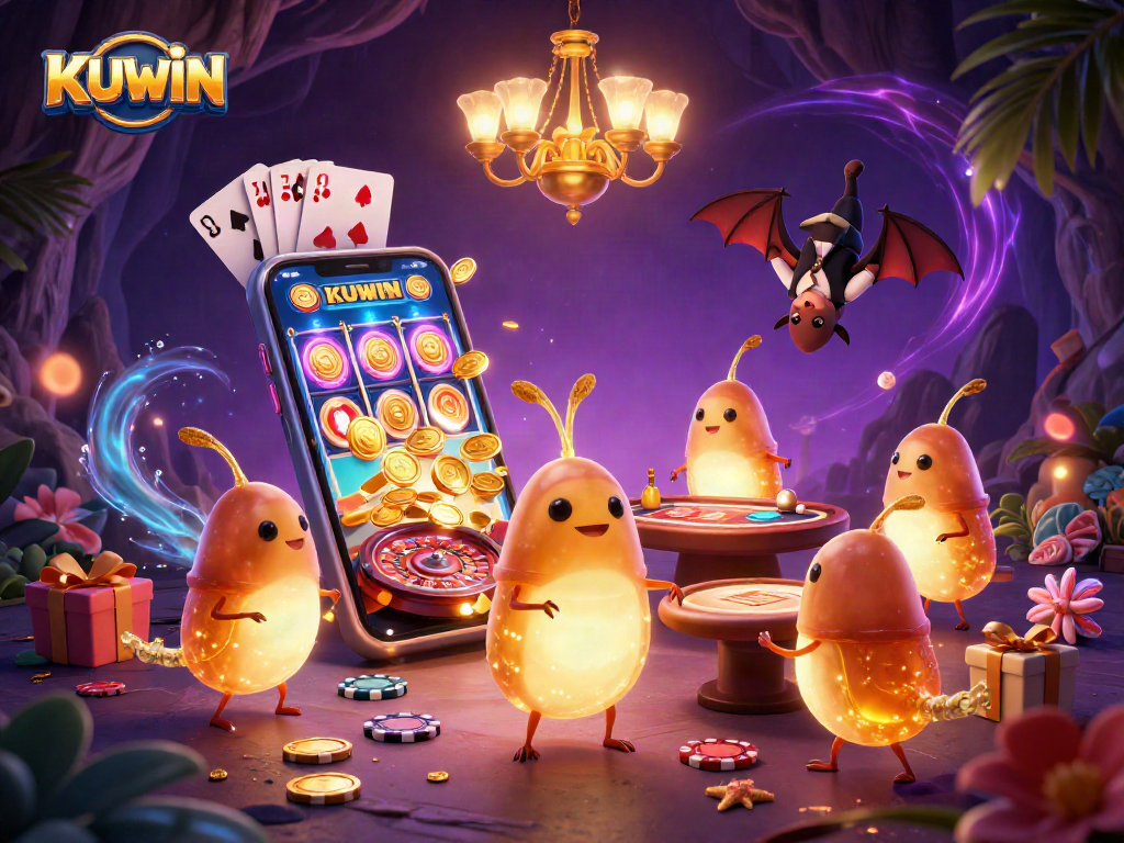 Engage with exciting KUWIN casino games in a vibrant glowworm-decorated casino scene.