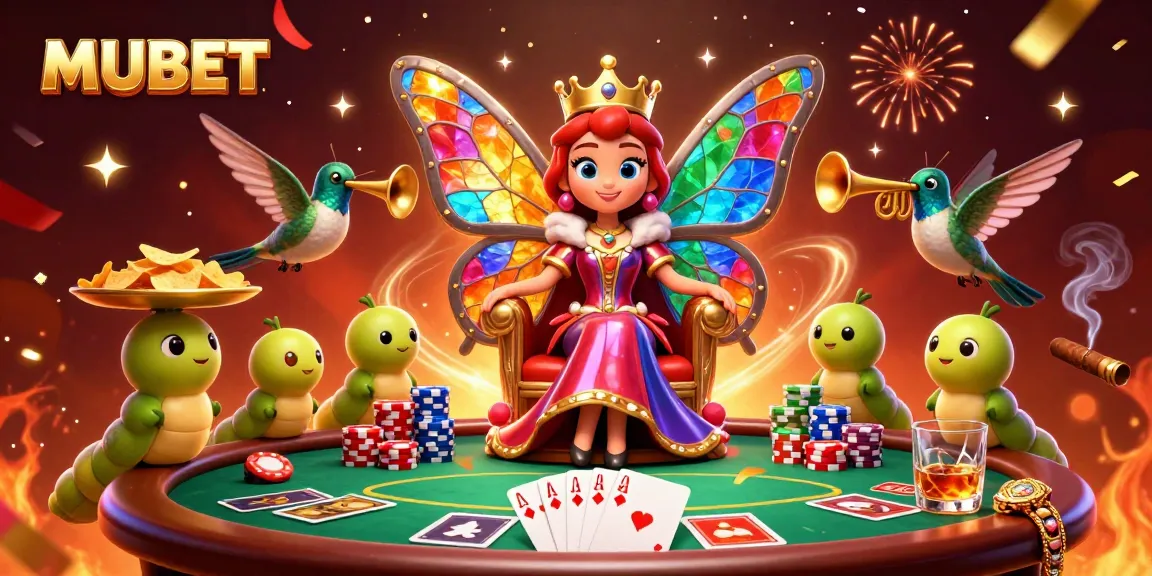 MUBET showcases a vibrant scene with a butterfly queen surrounded by poker elements and festive confetti.