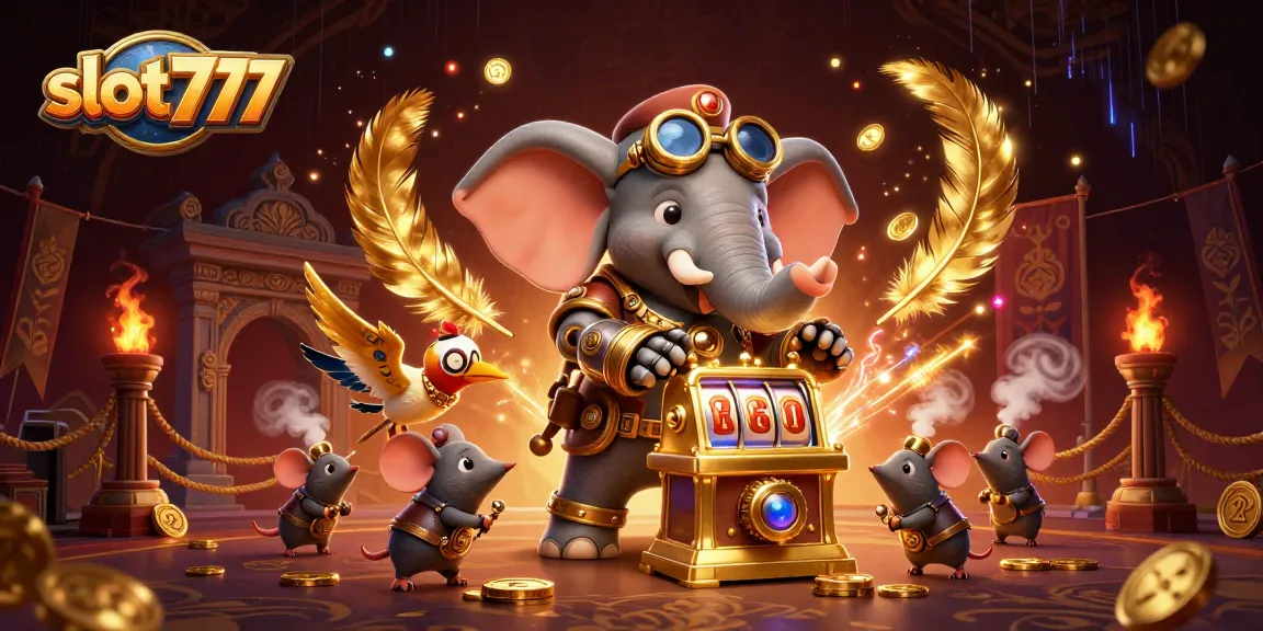 Spin the exciting slot777 with a steampunk elephant engineer amidst vibrant casino elements.