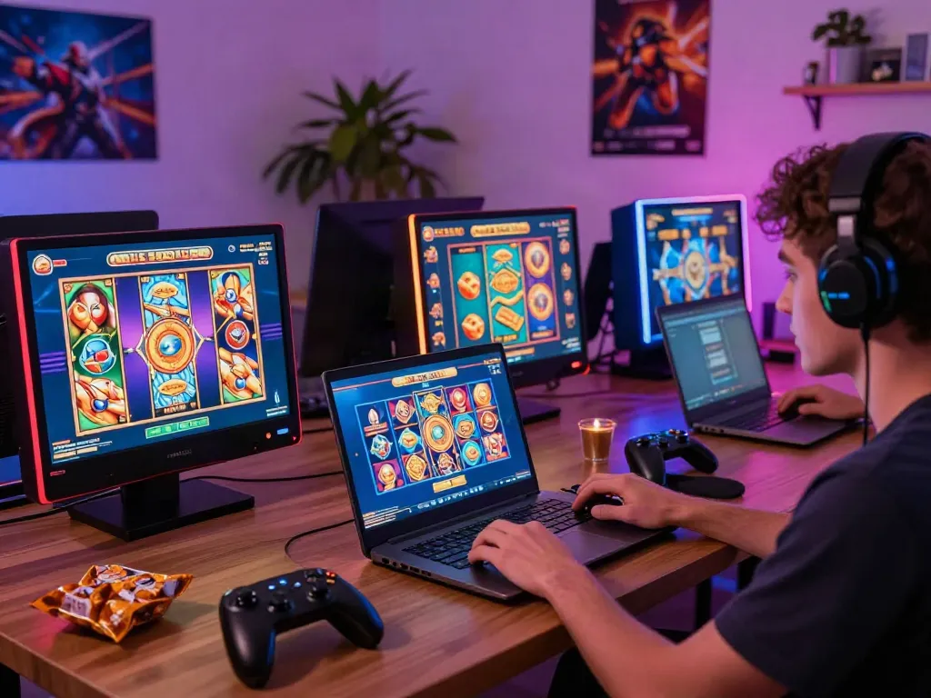 Player enjoying PG SLOT games in a cozy gaming setup with vibrant graphics.