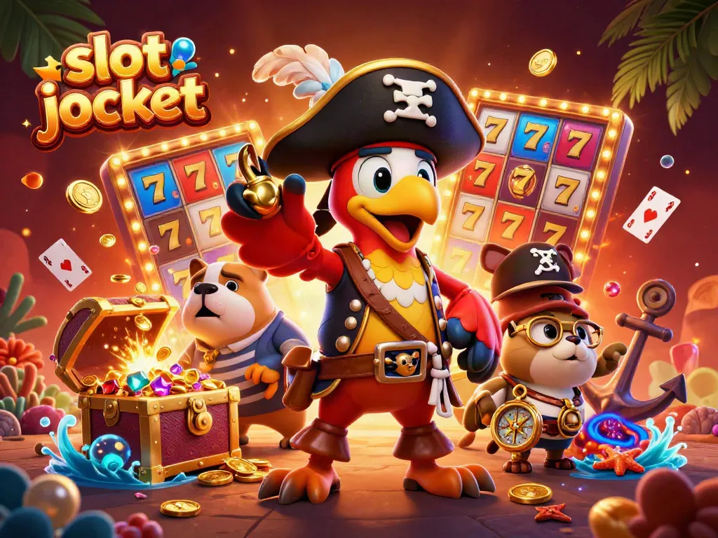 Gambar jackpot slot dengan karakter paduan kartun 3D dan elemen kasino yang penuh warna dan dinamis.