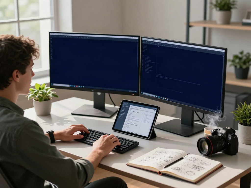 Brave developer coding in a modern workspace with dual monitors.