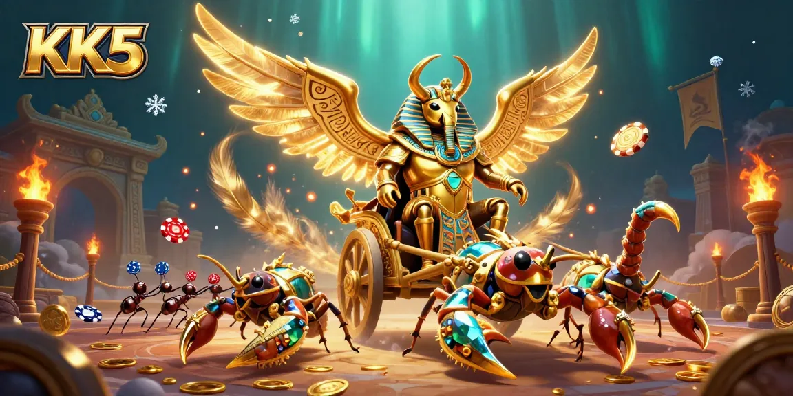 Engage with thrilling gaming action at KK5 with a vivid scene featuring golden scorpions and poker chips.