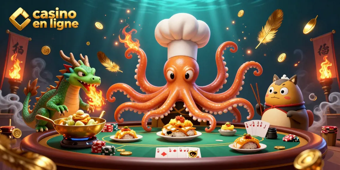 Un environnement de jeu avec un chef sushis pieuvre préparant des plats dorés au casino en ligne.
