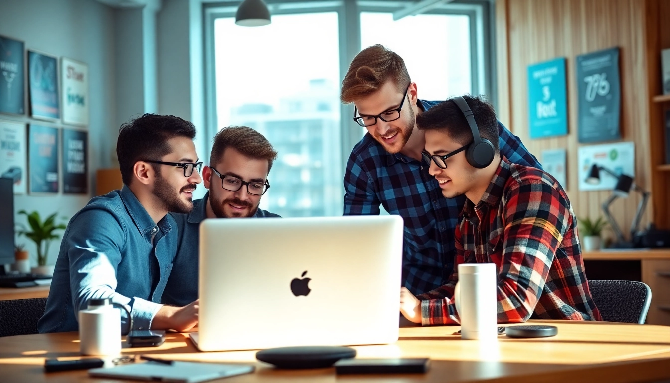 Developers collaborating on midjourney api integration in a bright modern tech office.