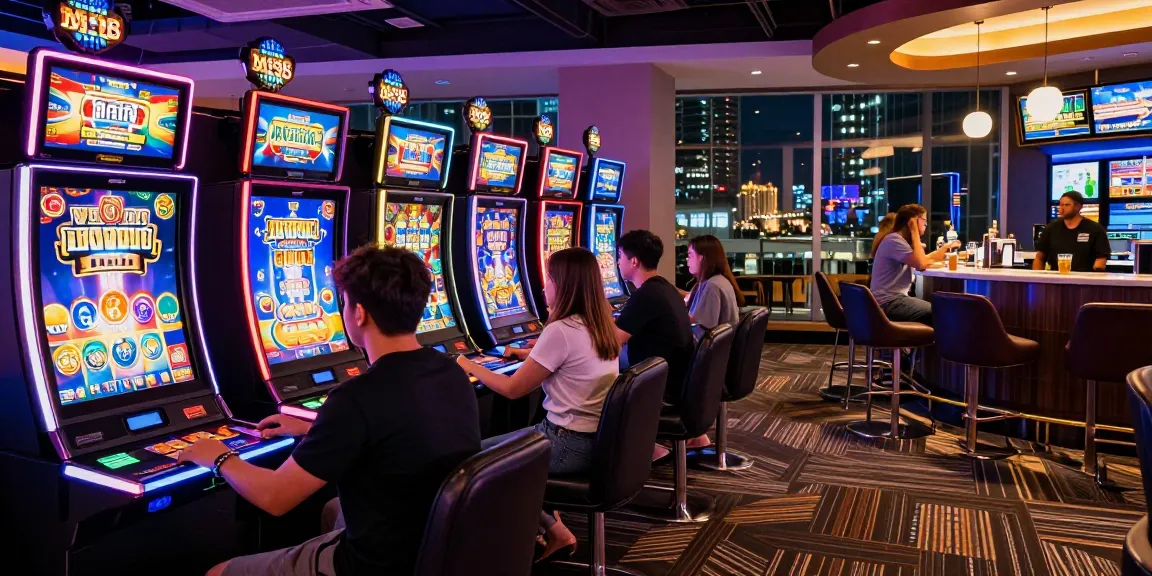 M98 สล๊อตเว็บตรง in a vibrant gaming lounge with players enjoying modern slot machines and colorful ambiance.