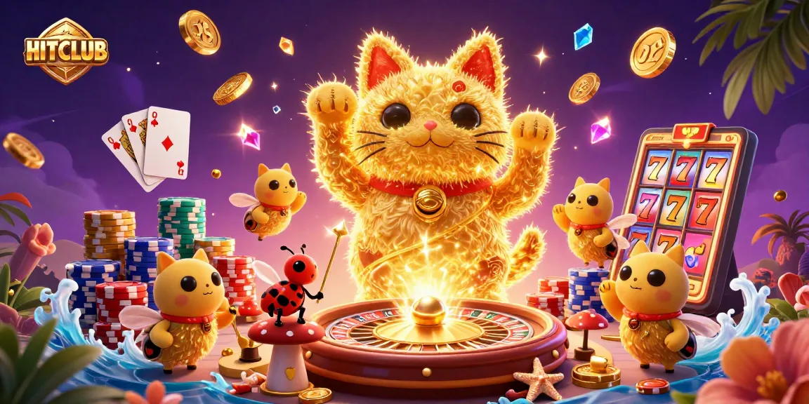Experience the excitement of HITCLUB with a vibrant lucky cat and dynamic casino elements.