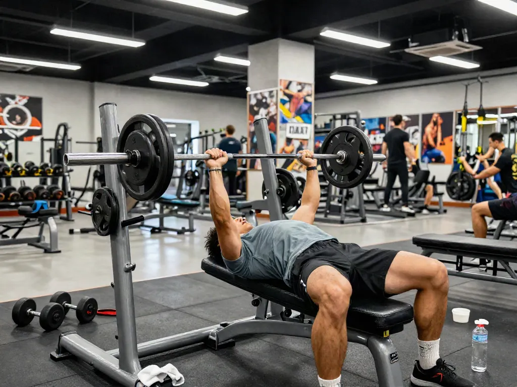 Dynamic gym scene showcasing an athlete bench pressing as part of a comprehensive training routine to comprare steroidi orali.