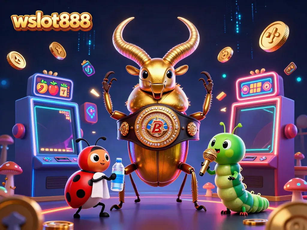 Grajukan permainan slots dengan wslot888, menampilkan karakter seru dalam pertarungan juara dalam ilustrasi 3D.